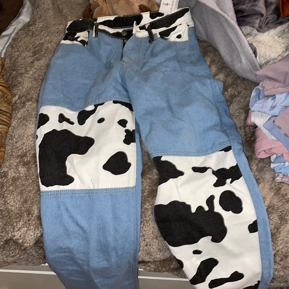 Cow print denim jeans